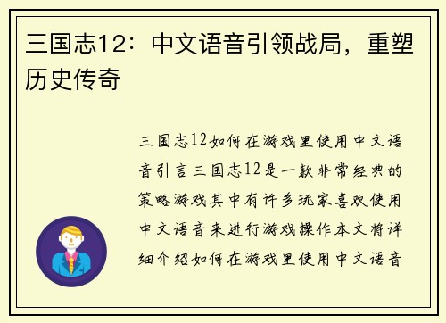 三国志12：中文语音引领战局，重塑历史传奇